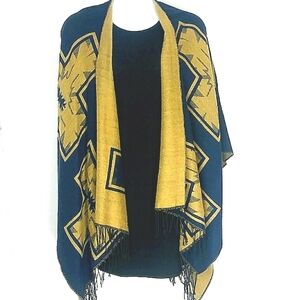 Ruana Shawl Wrap Indigo Blue Gold Southwestern Fringe Kimono Poncho